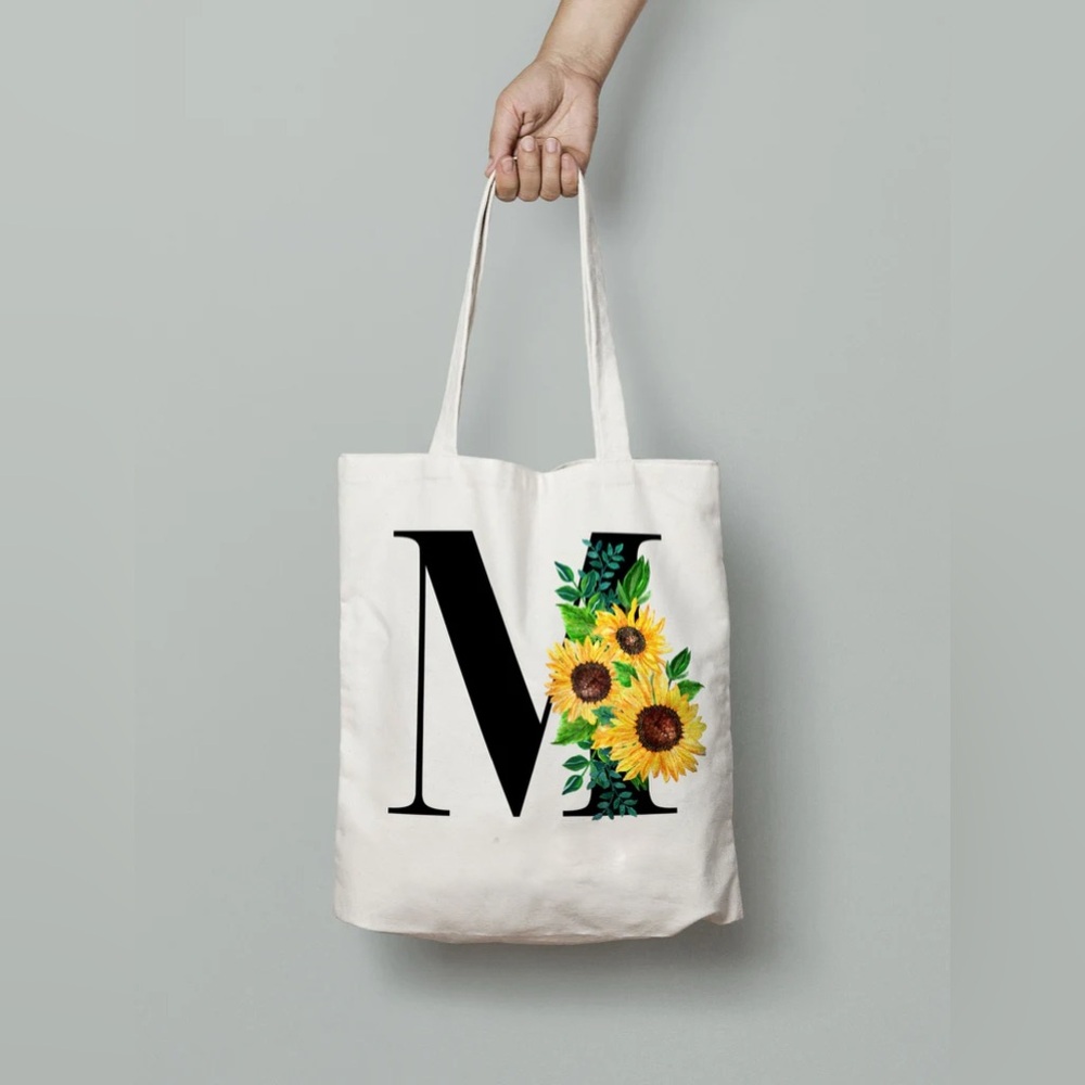 Letter “M” Canvas Tote Cotton Yellow Sunflower White Black Initial M Monogram